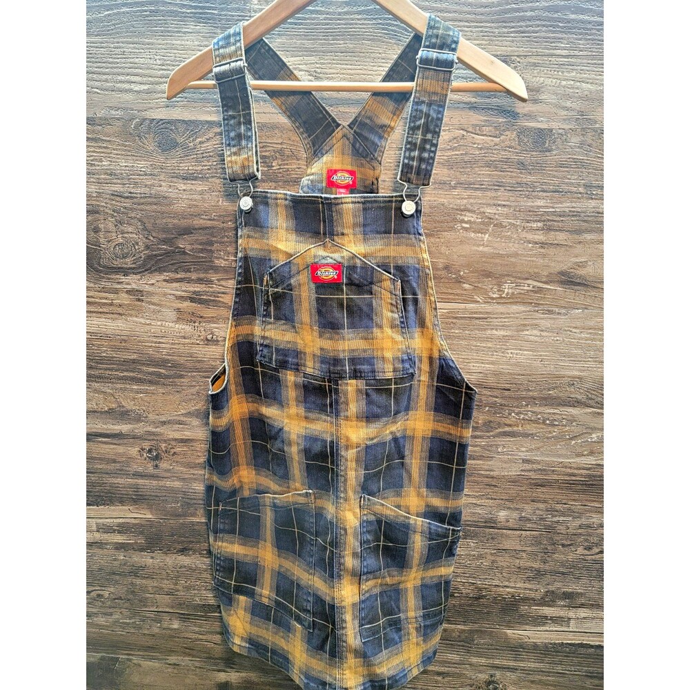 Dickies Unisex Plaid Flannel Cotton Bib Overalls Dress Blue/Yellow Size L